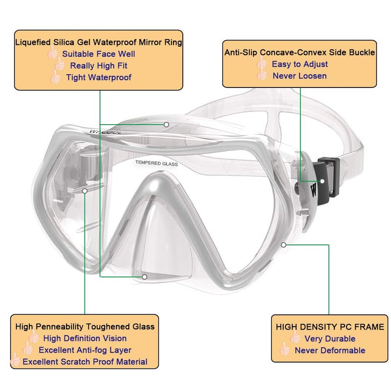 WACOOL Professional Snorkeling Snorkel Diving Scuba Package Set with Anti-Fog Coated Glass Purge Valve and Anti-Splash Silicon Mouth Piece for Men Women (Adults,Silver) - Image 5